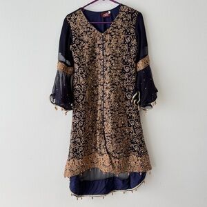 Navy Blue & Gold Embroidered Dress – Girls Size (Formal / Party Wear)